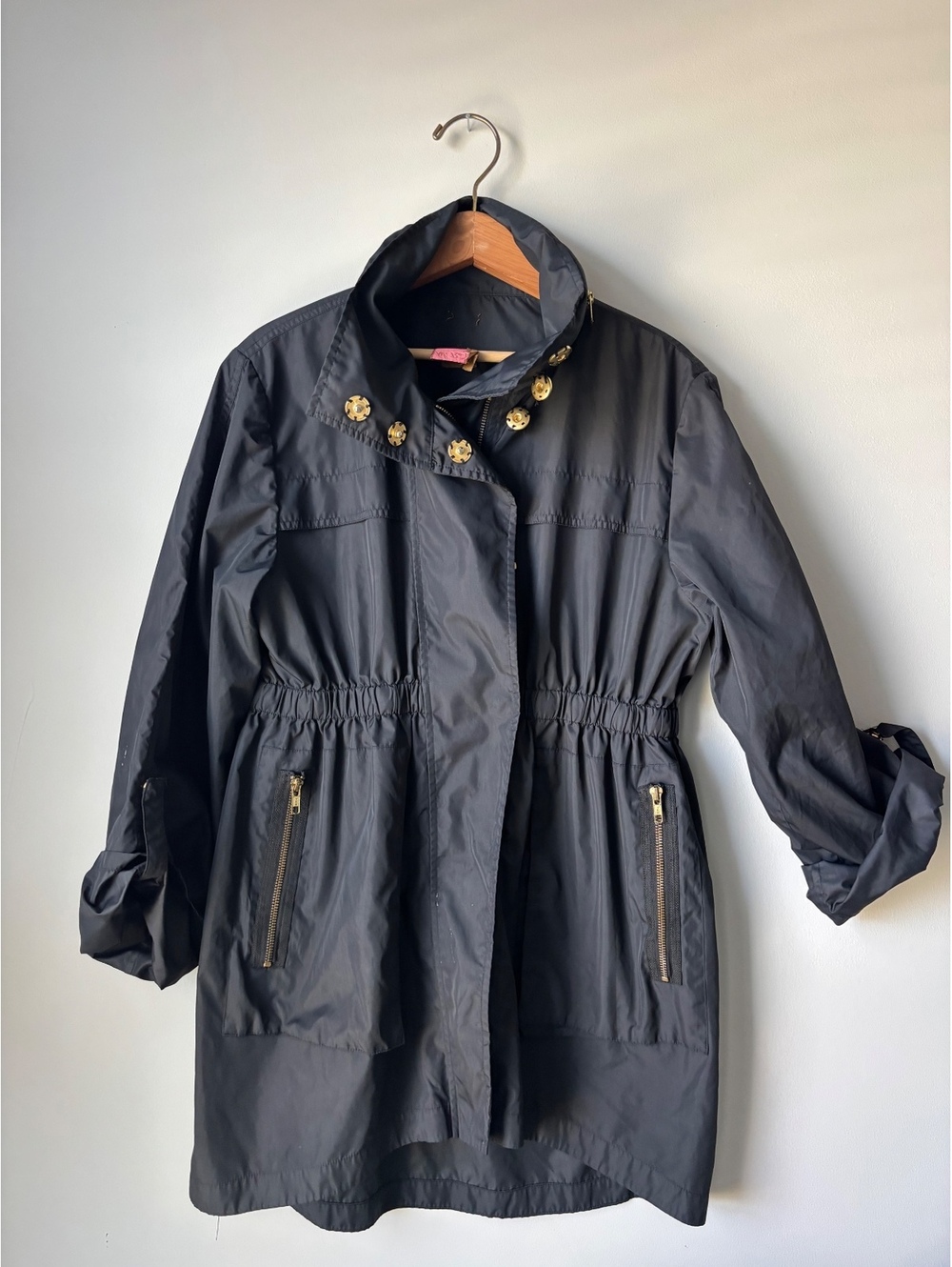 Ali Ro Black Lightweight Anorak Utility Jacket Gold Snaps Cinched Women's 6